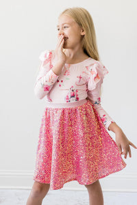 Girls pink sequin skort with glittery fabric, knee-length and vibrant shine