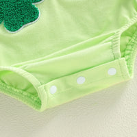 Light green cotton shamrock embroidered baby bubble romper with snap closures