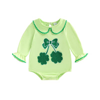 Light green cotton shamrock embroidered baby bubble romper with long sleeves and scalloped trim collar and cuffs