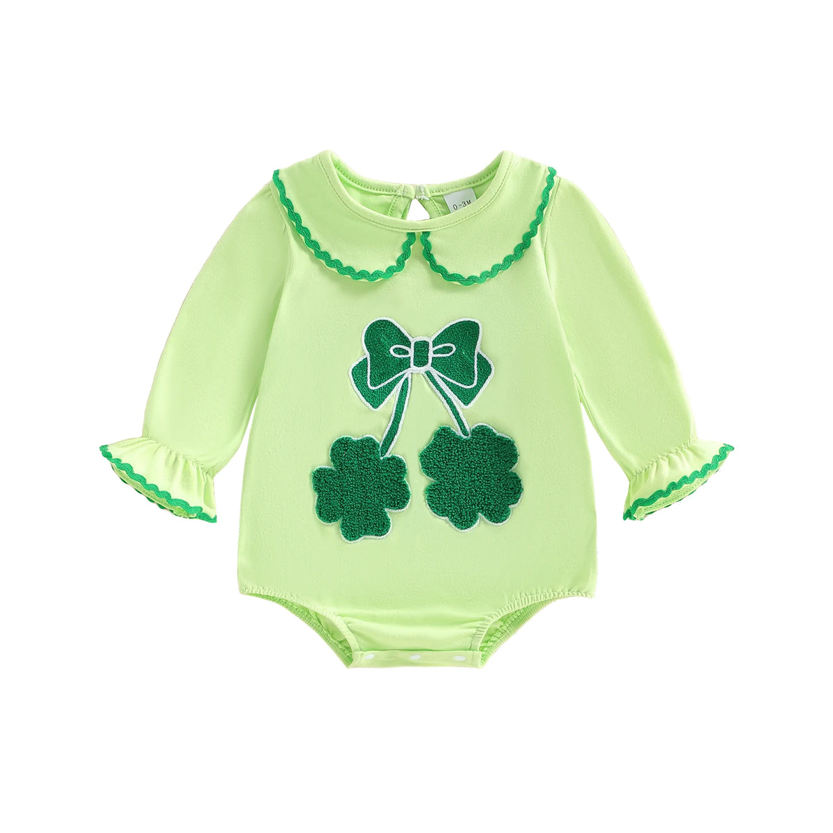 Light green cotton baby romper with shamrock embroidered baby bubble design and ruffled collar and cuffs
