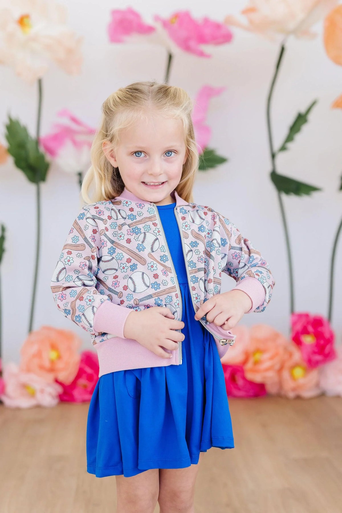 girls pastel shimmer jacket with floral pattern and pink cuffs and collar, toddler size