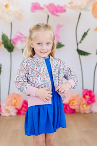 girls pastel shimmer jacket with floral pattern and pink cuffs and collar, toddler size