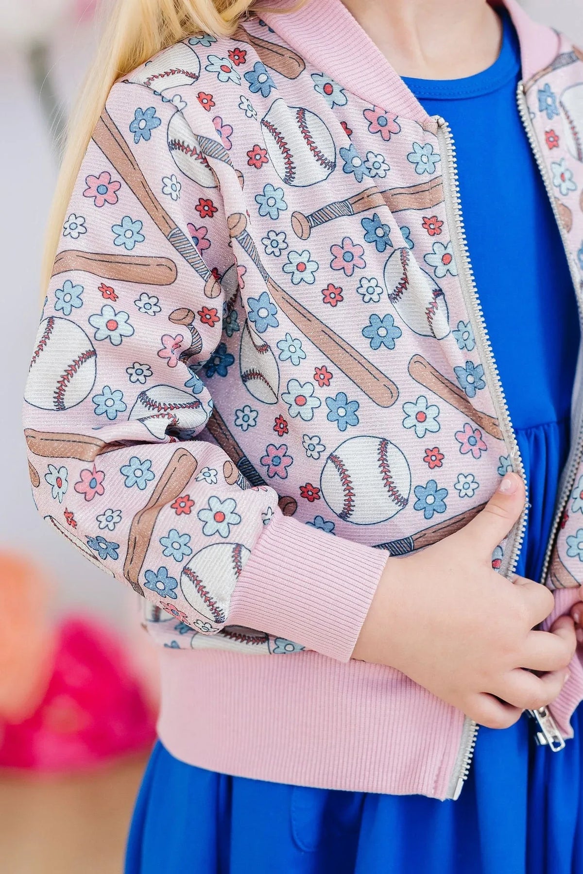 Girls pink shimmer jacket with baseball and flower print, long sleeve by Mila & Rose