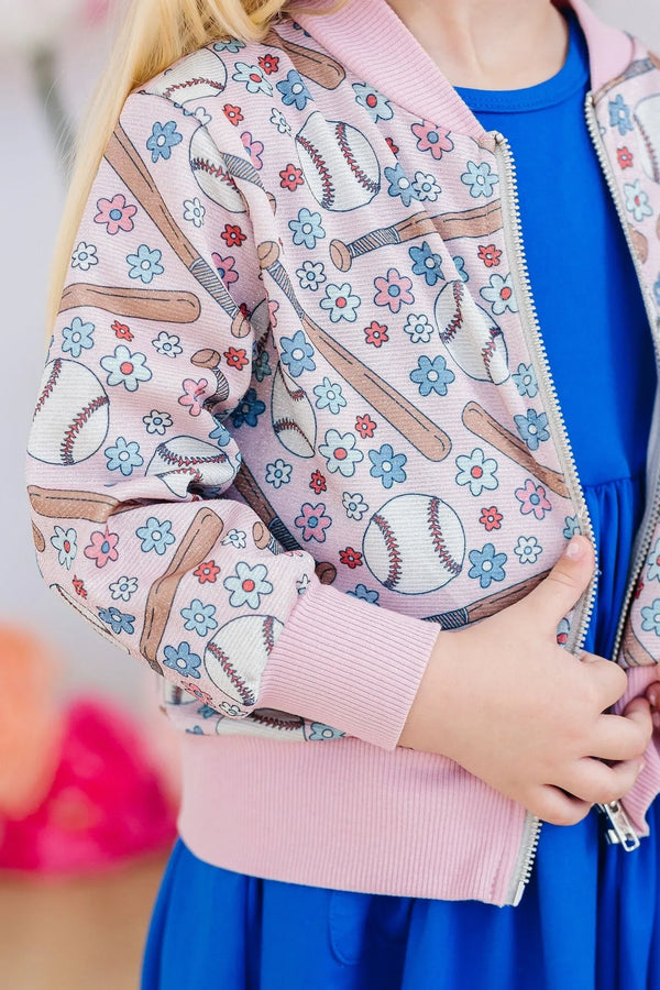 Girls pink shimmer jacket with baseball and flower print, long sleeve by Mila & Rose