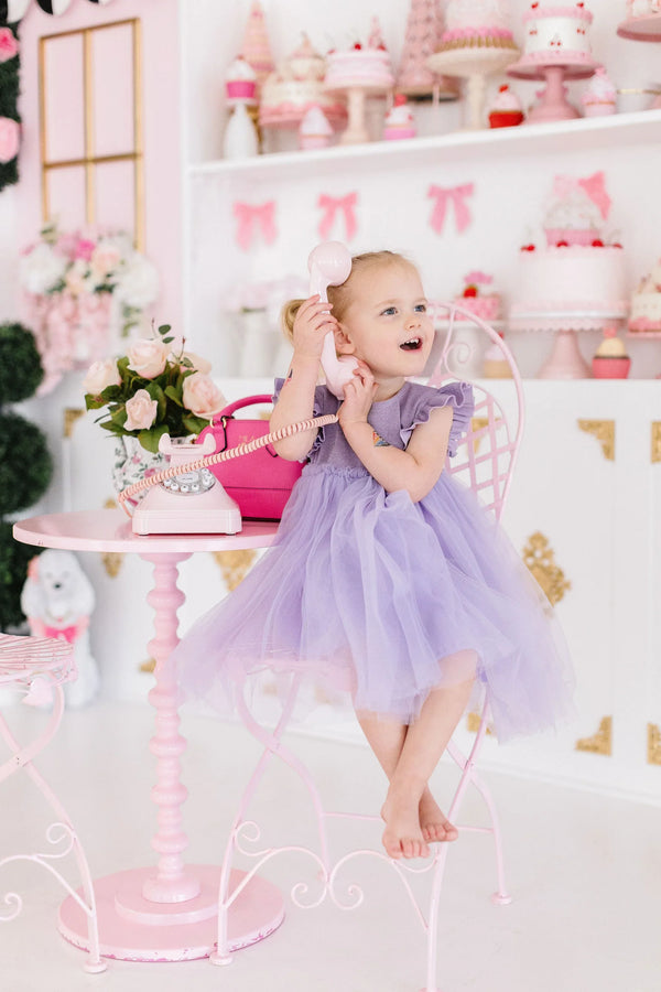 Mila & Rose shimmer party dress for girls in lavender tutu style with ruffle sleeves for toddlers