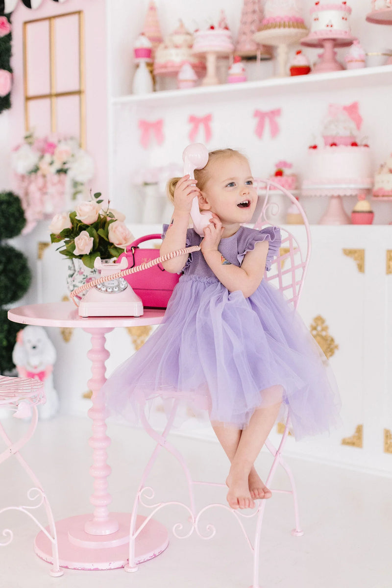 Mila & Rose shimmer party dress for girls in lavender tutu style with ruffle sleeves for toddlers