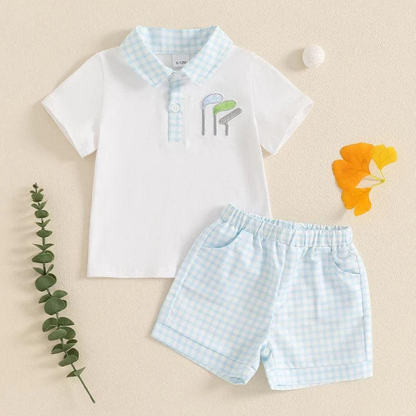 Baby boys white and light blue shorts set with golf club embroidery and checkered collar and shorts
