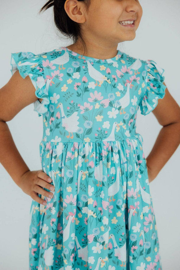 Girls teal silly goose flutter sleeve dress by Mila & Rose with twirl skirt and floral swan print