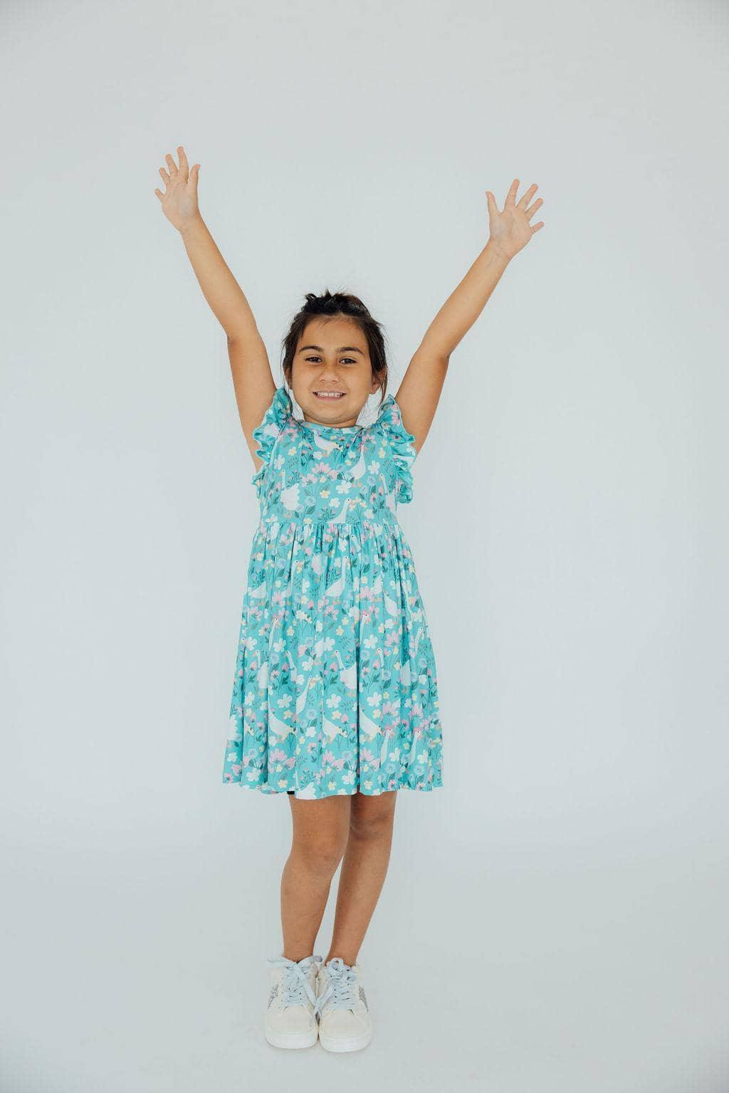 Girls blue silly goose flutter sleeve dress with floral print, twirl dress flutter for kids