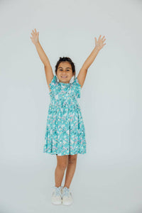 Girls blue silly goose flutter sleeve dress with floral print, twirl dress flutter for kids