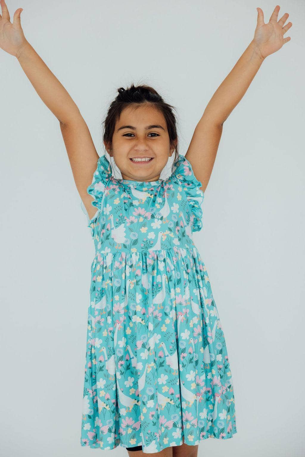 Girls blue floral silly goose flutter sleeve dress twirl dress for kids by Mila & Rose