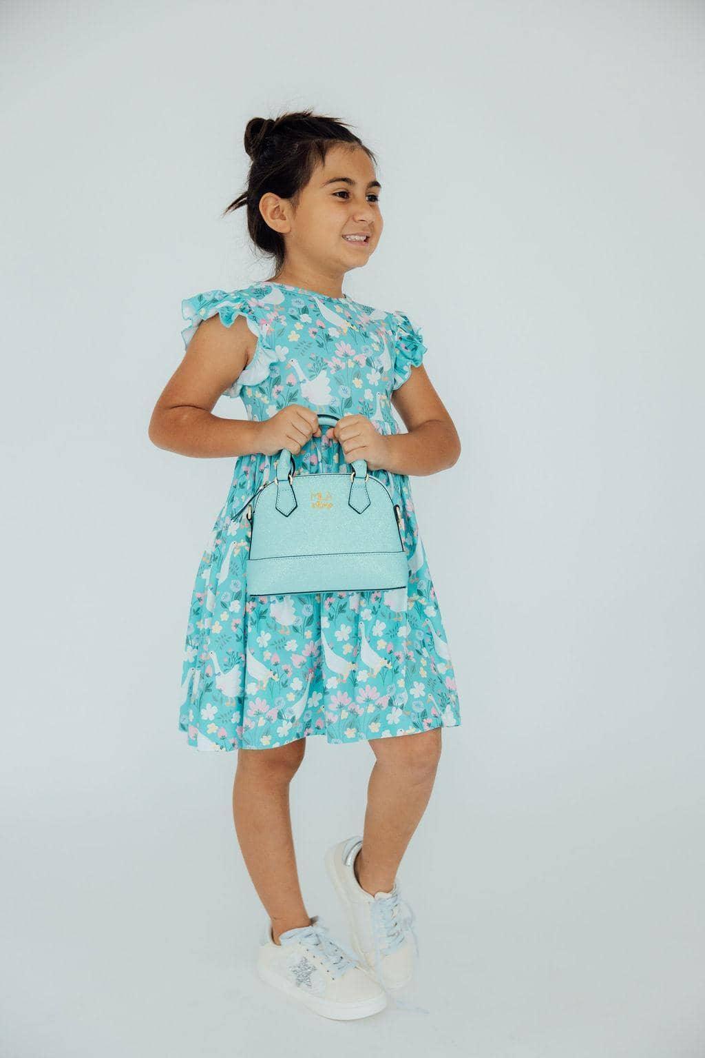 Girls blue silly goose flutter sleeve dress with floral print and twirl design size small