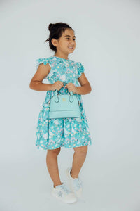 Girls blue silly goose flutter sleeve dress with floral print and twirl design size small