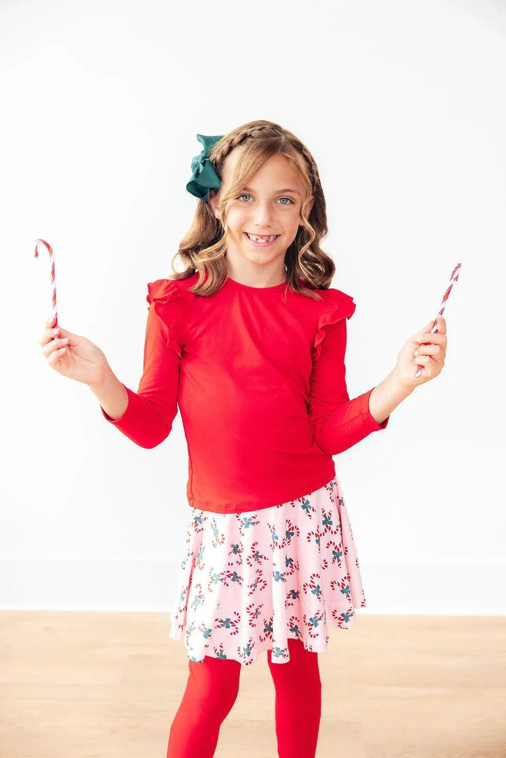 Girls red Mila & Rose skeggings with floral skirt and long sleeve top for kids