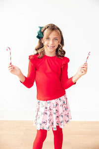 Girls red Mila & Rose skeggings with floral skirt and long sleeve top for kids