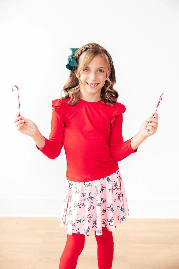Girls red Mila & Rose skeggings with floral skirt and long sleeve top for kids