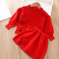 Toddler girls red skirt set with long sleeve top and decorative bows for babies and kids