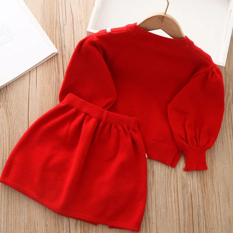 Girls red skirt set for toddlers with long sleeve sweater and elastic waist skirt