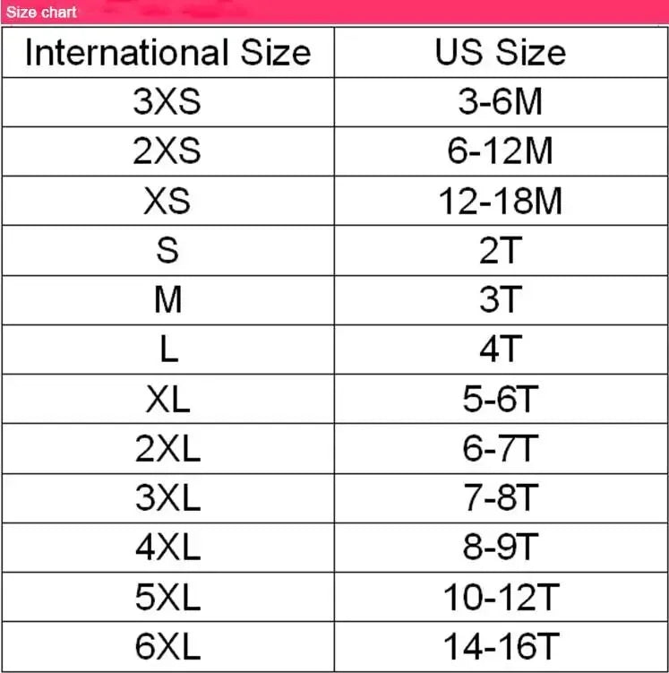 babies and kids skort outfit size chart showing international and US sizes from 3XS to 6XL for ages 3-6 months to 14-16 years
