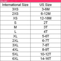 babies and kids skort outfit size chart showing international and US sizes from 3XS to 6XL for ages 3-6 months to 14-16 years
