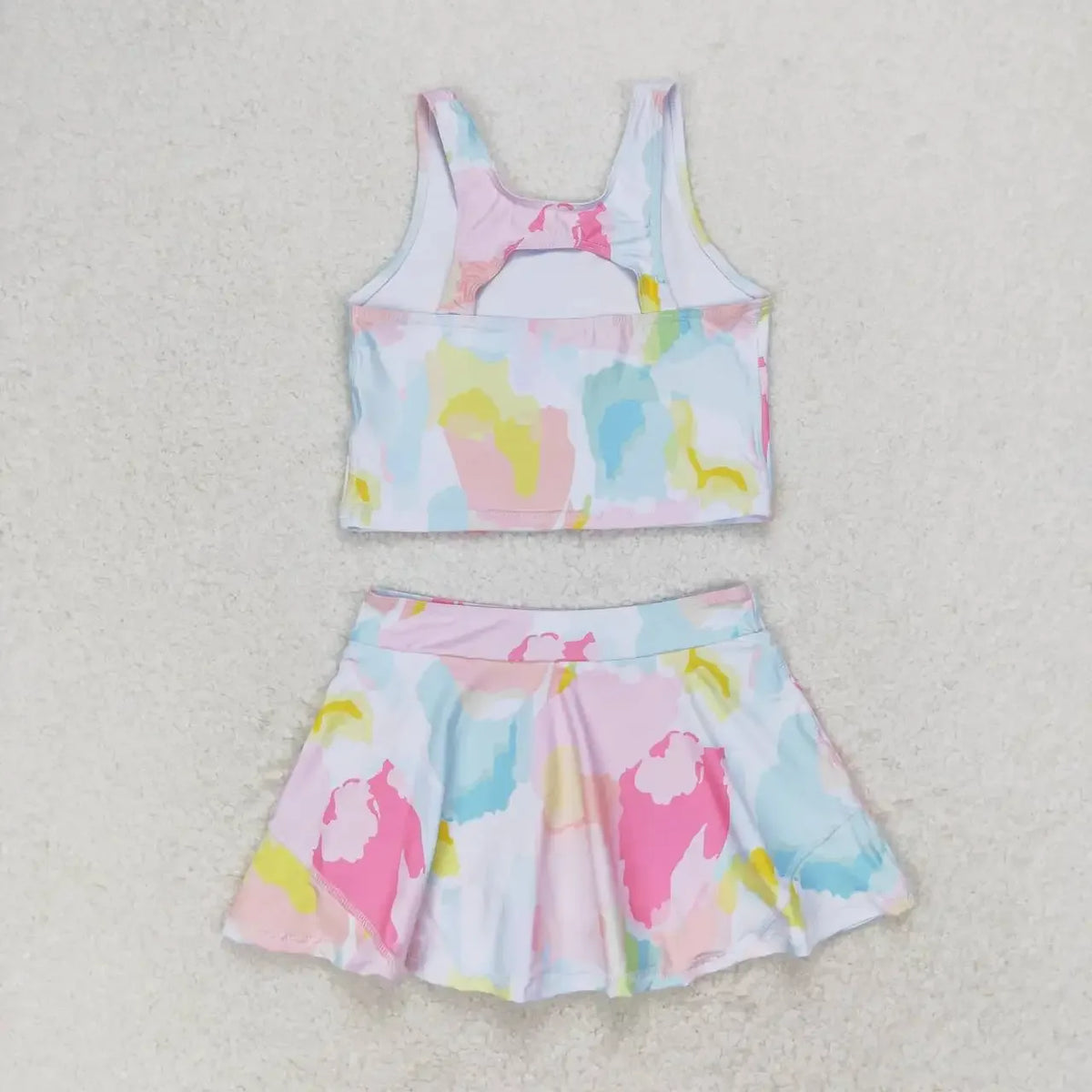 toddler girls pastel watercolor print skort outfit with sleeveless top and flared skort