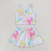 toddler girls pastel multicolor skort outfit with sleeveless crop top and pleated skirt