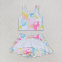 toddler pastel tie-dye skort outfit with sleeveless crop top and flared skort shorts