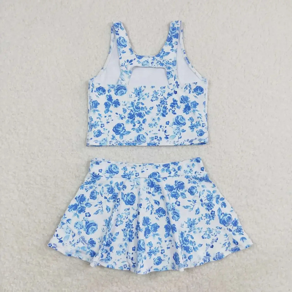 girls white and blue floral skort outfit with sleeveless crop top for kids