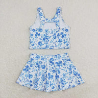 girls white and blue floral skort outfit with sleeveless crop top for kids