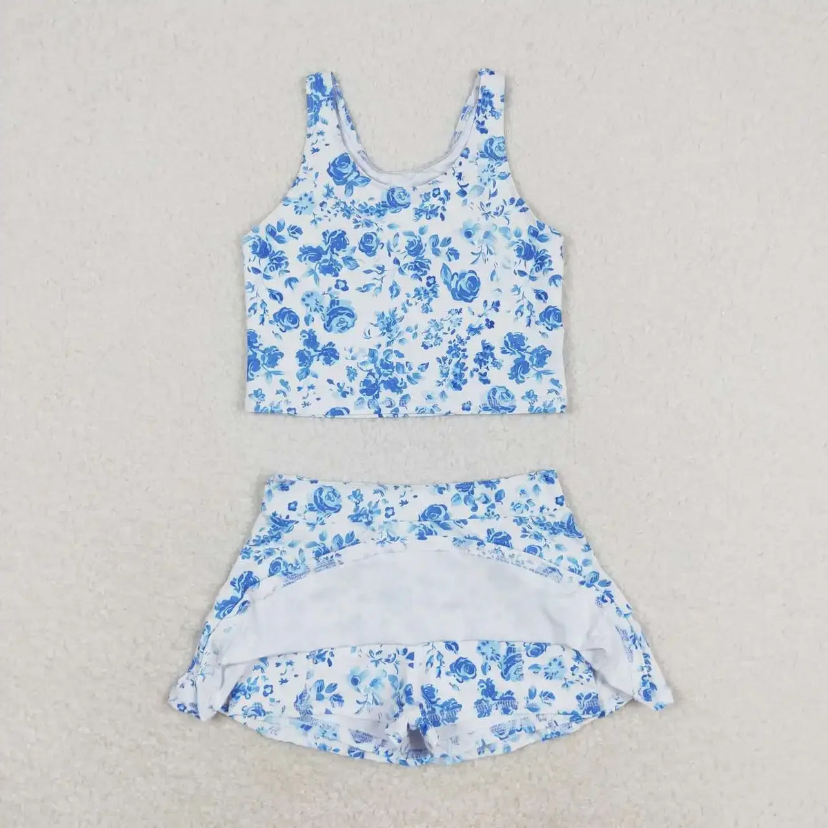 girls white and blue floral skort outfit with sleeveless top and skort shorts for kids