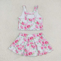Girls white and pink floral skort outfit with sleeveless crop top and flared skirt for toddlers