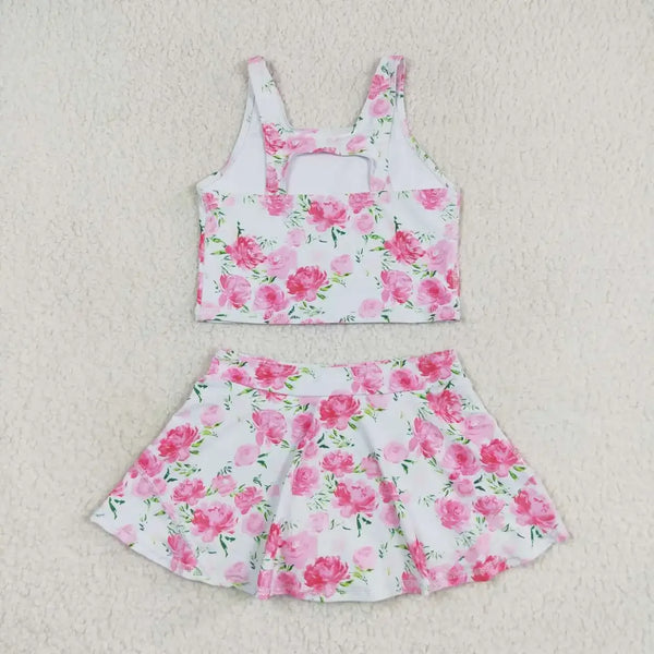 Girls white and pink floral skort outfit with sleeveless crop top and flared skirt for toddlers