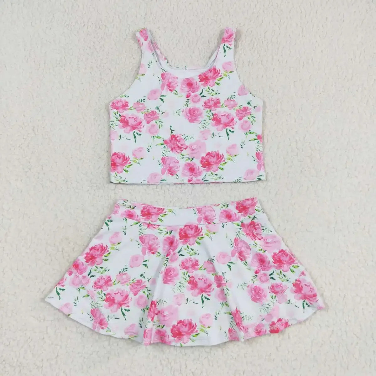 girls white and pink floral skort outfit with sleeveless top and skirt for kids