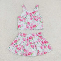 girls white and pink floral skort outfit with sleeveless top and skirt for kids