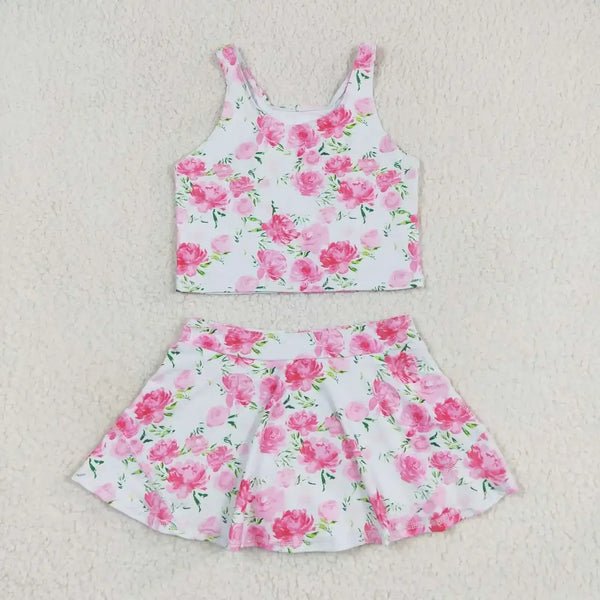 girls white and pink floral skort outfit with sleeveless top and skirt for kids