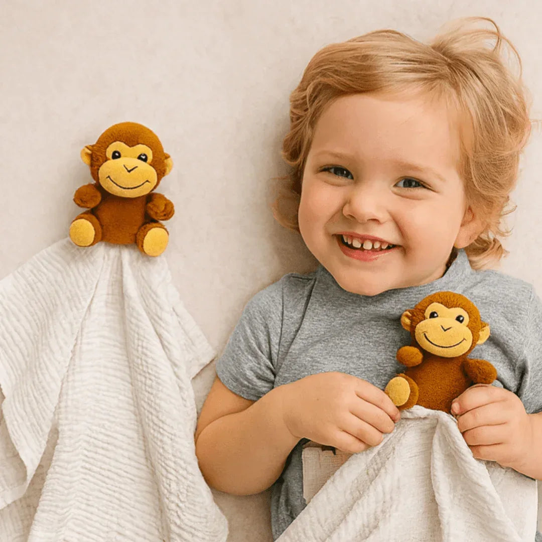 Me Lovey white cotton baby security blanket with plush brown monkey attached