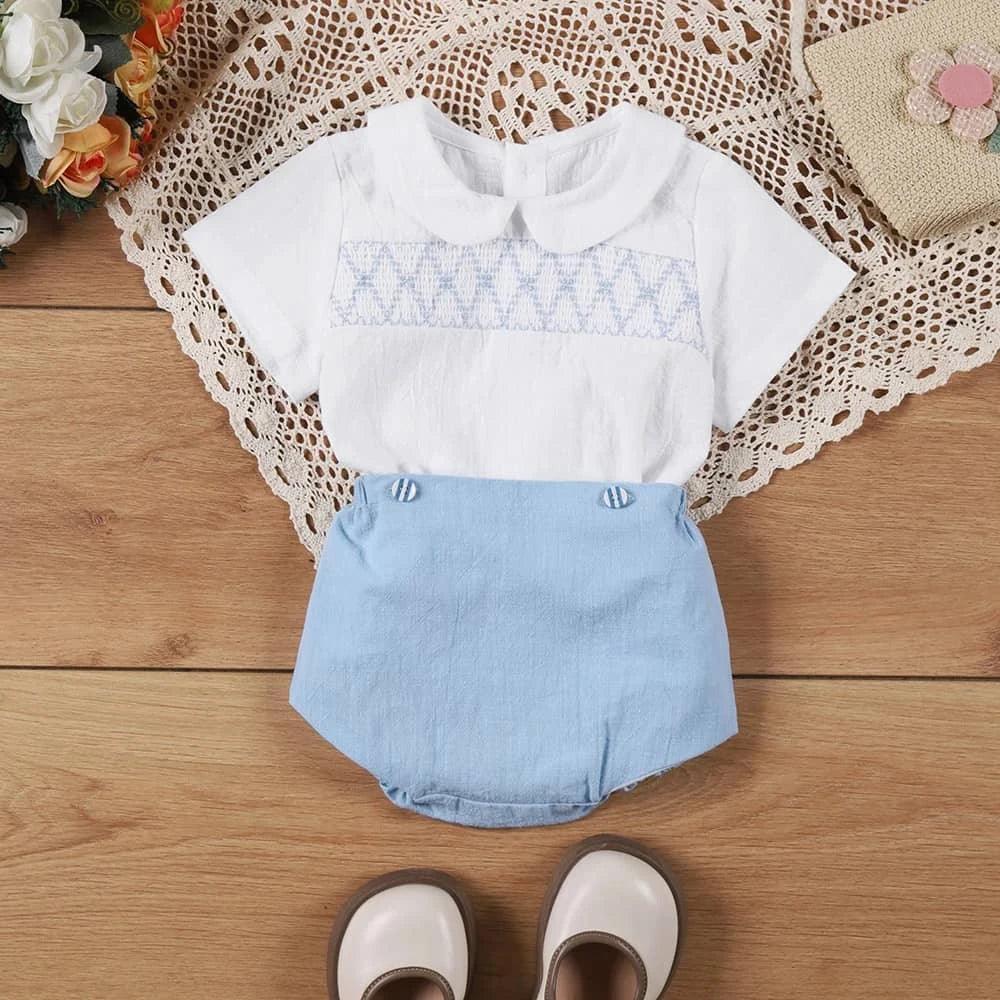 Smocked Boys Shorts Set - Classic Blue & White Outfit - The Palm Beach Baby