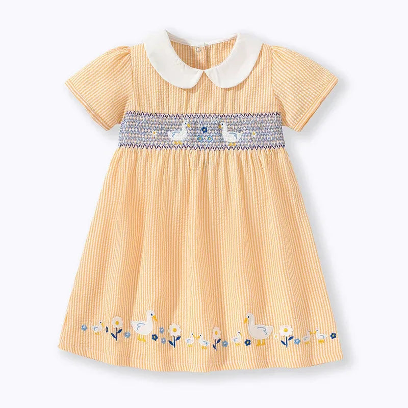 baby girls yellow striped smocked dress with white collar and duck embroidery
