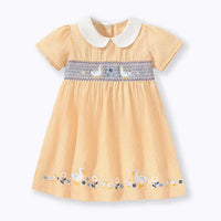 baby girls yellow striped smocked dress with white collar and duck embroidery