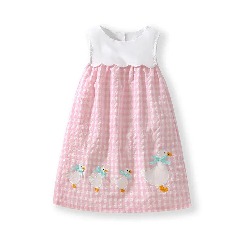 baby girls pink gingham smocked dress with white collar and embroidered ducks