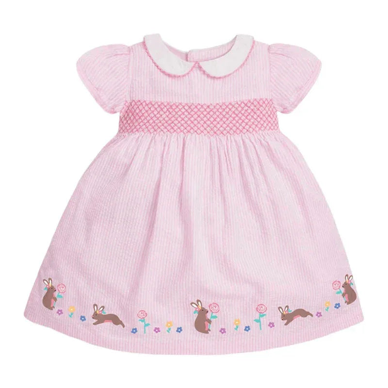 baby pink smocked dress with white collar and bunny floral embroidery for infants