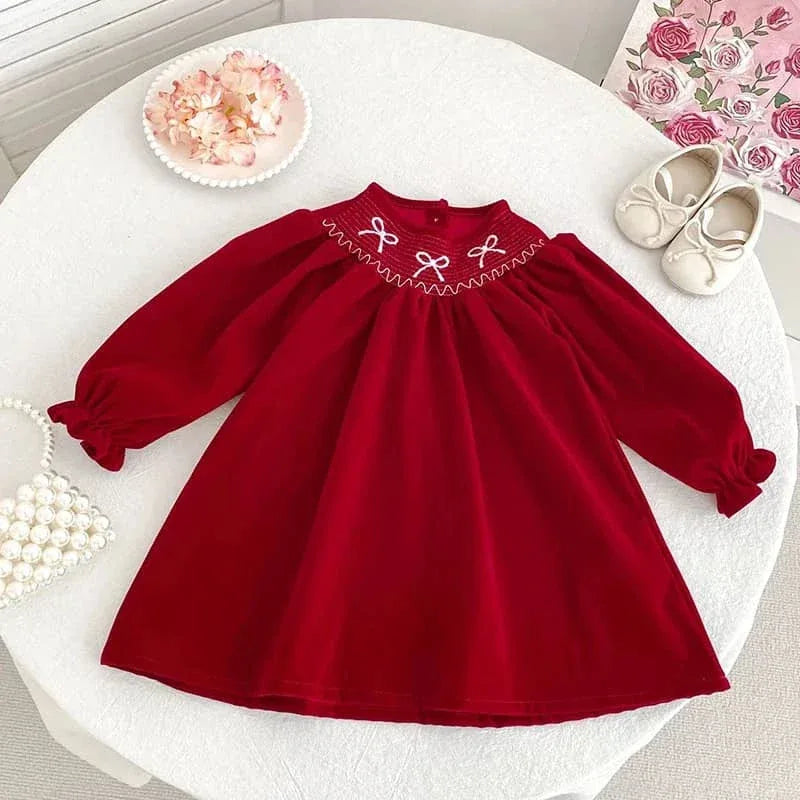 Red long sleeve babies smocked dress with white bow embroidery on chest