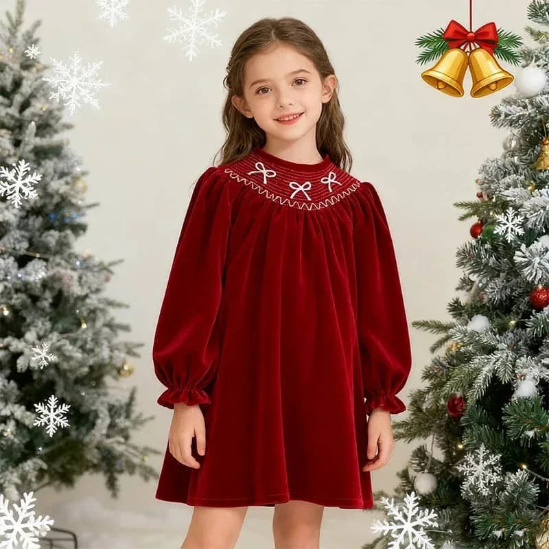 Girls red velvet smocked dress with long puff sleeves and white bow embroidery for kids