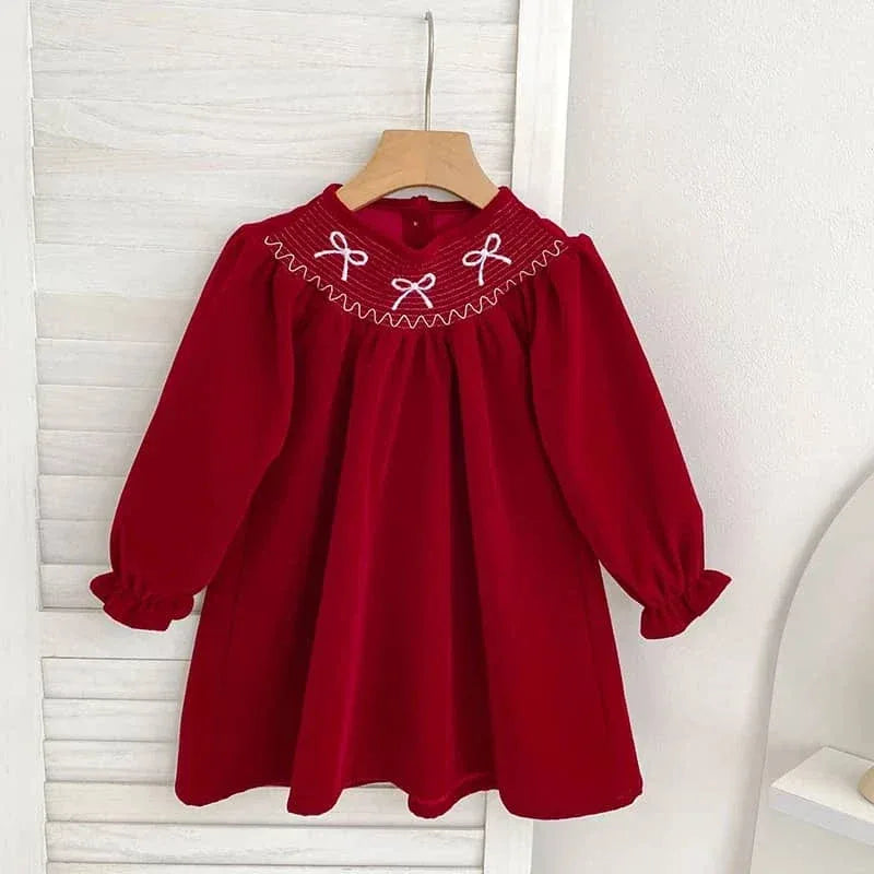 Baby red long sleeve smocked dress with white bow embroidery and ruffle cuffs
