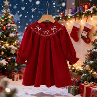 Red long sleeve babies smocked dress with white bow embroidery for holiday season