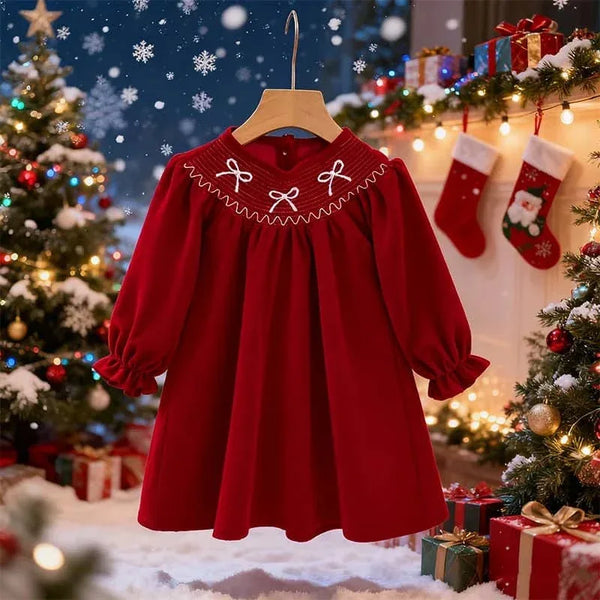 Red long sleeve babies smocked dress with white bow embroidery for holiday season