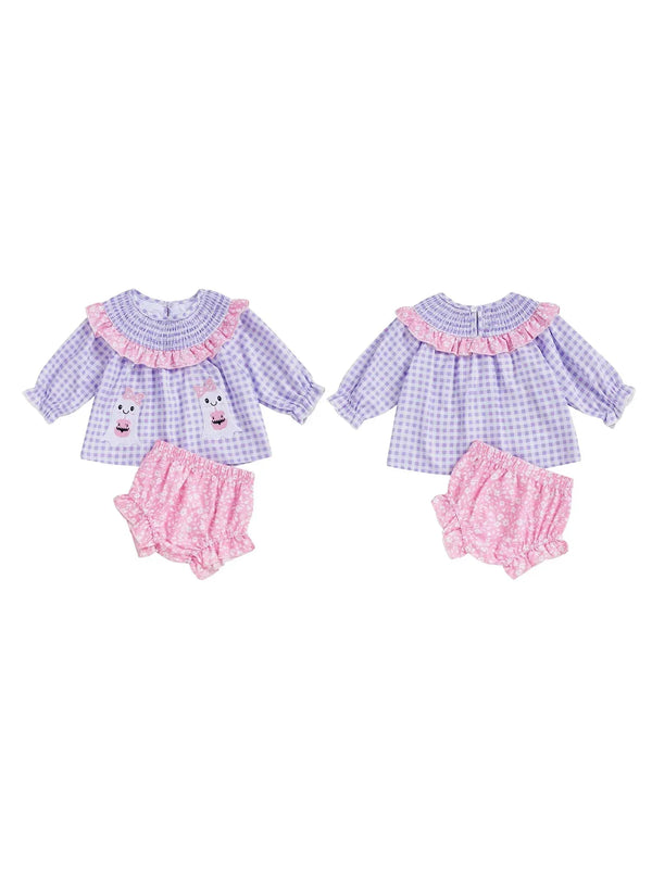 Purple cotton smocked embroidered baby bloomer set with pink ruffled bloomers and embroidered details