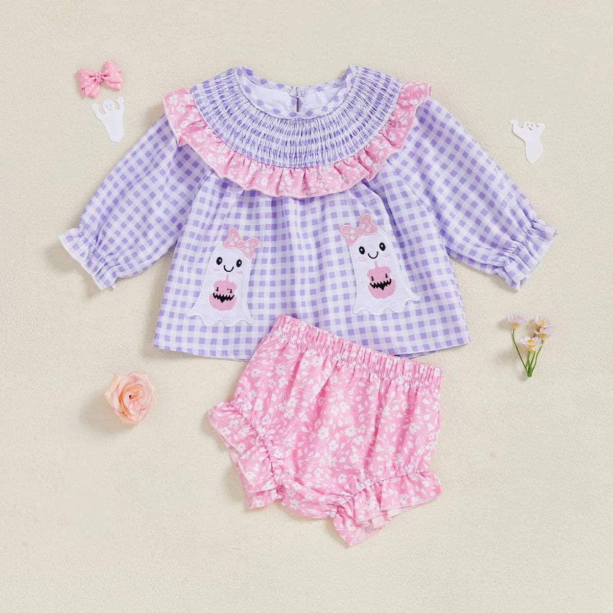 Smocked embroidered baby bloomer set in lavender gingham cotton top with pink floral cotton bloomers