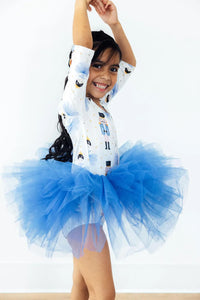 Girls blue snowflake tutu leotard for girls 3 4 sleeve with printed top and tulle skirt