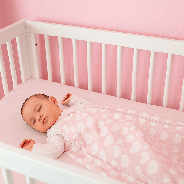 Baby sleeping in a crib with pink bedding and white crib bars.